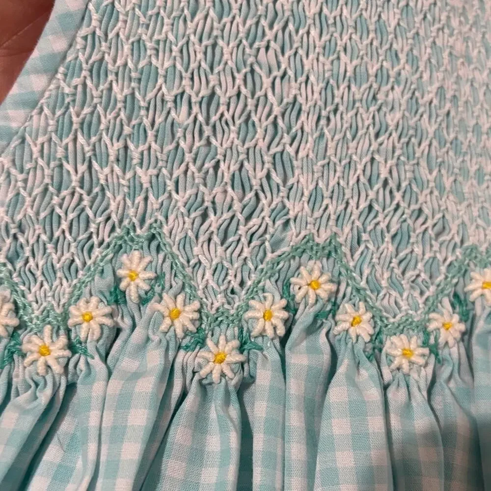 Orient express 7 Blue Gingham Sleeveless Dress smocking with daisies very long